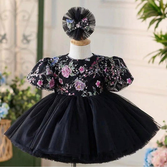 Black Princess Dress with Enchanting Pink Flowers