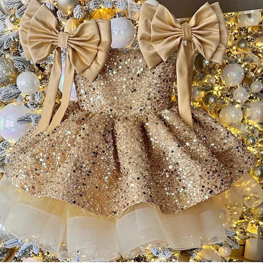 Gold Sequin Princess Dress with Shoulder Bows