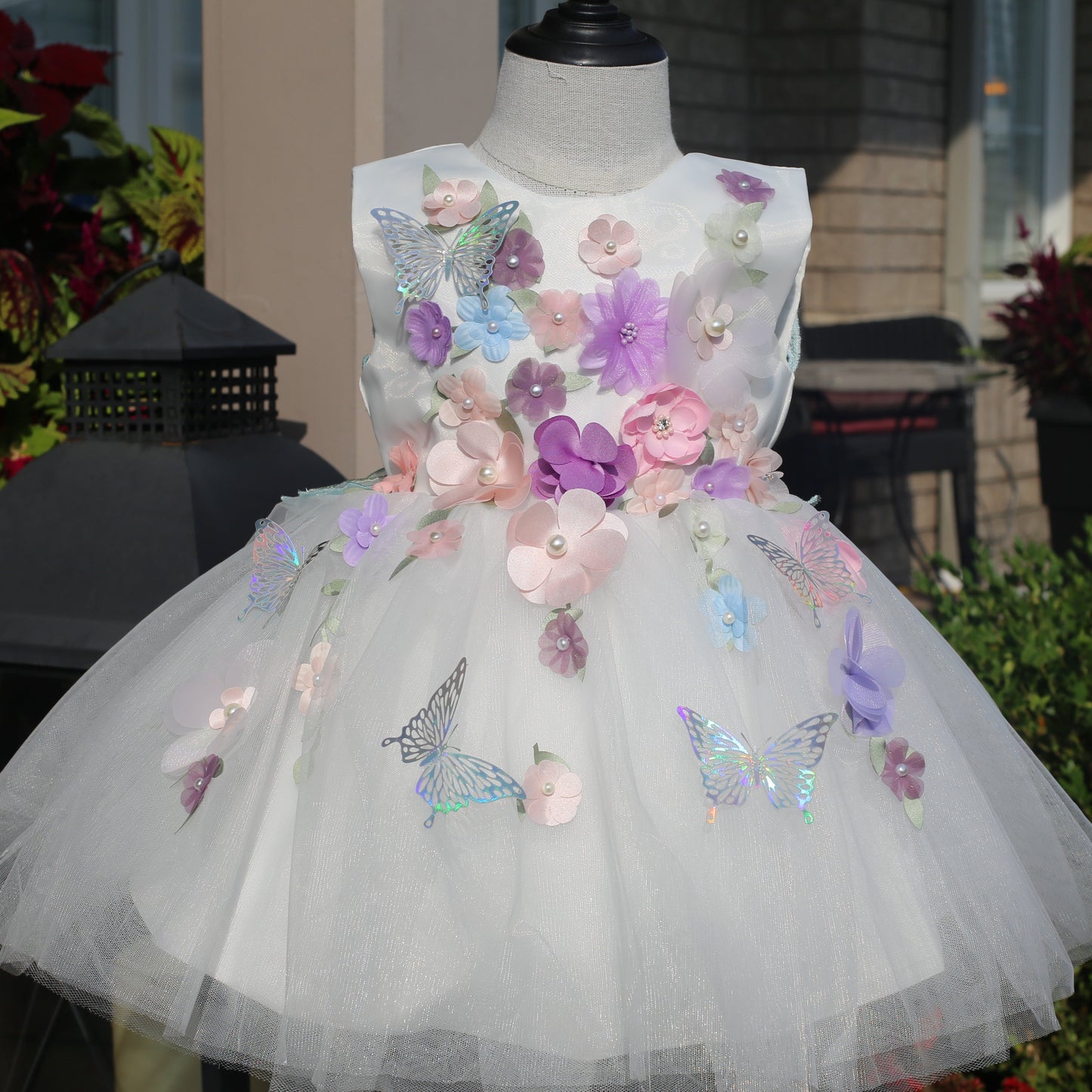 Garden Whimsy White Frock with Floral and Butterfly Accents