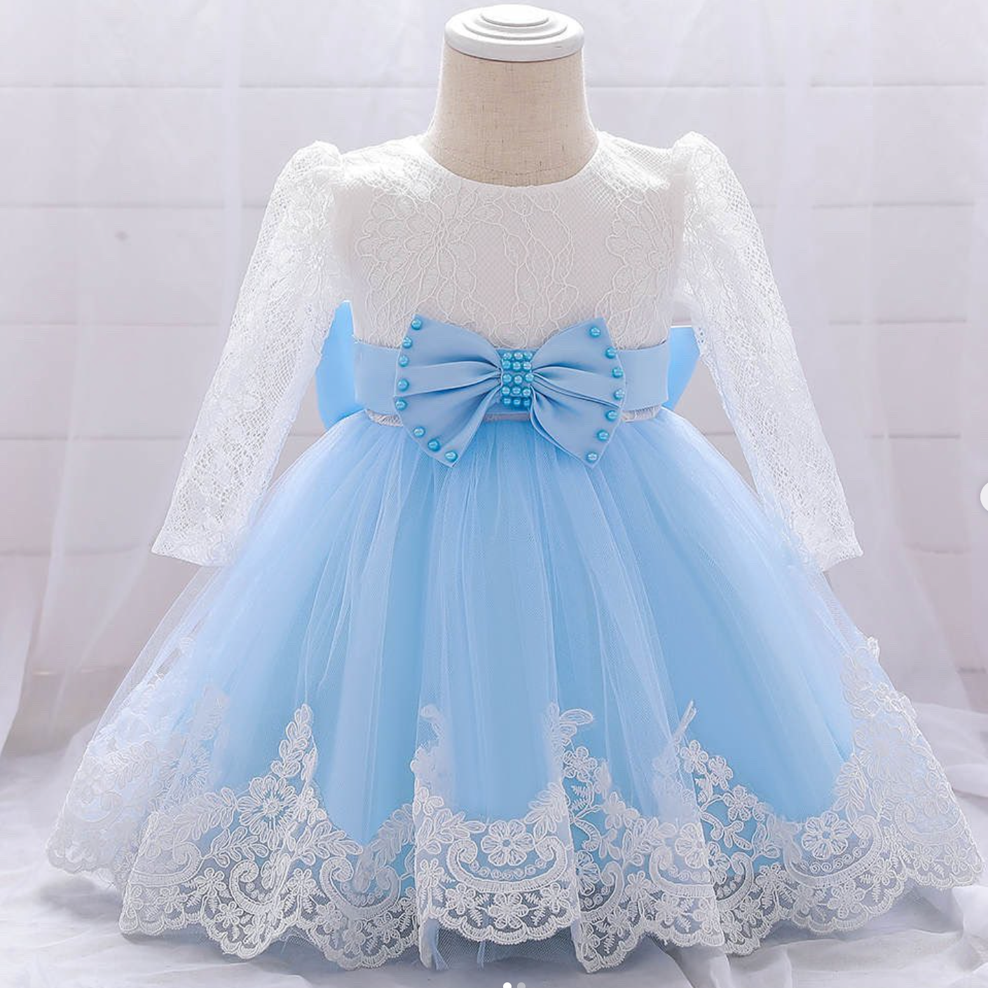 Elegant White and Blue Princess Dress for Girls