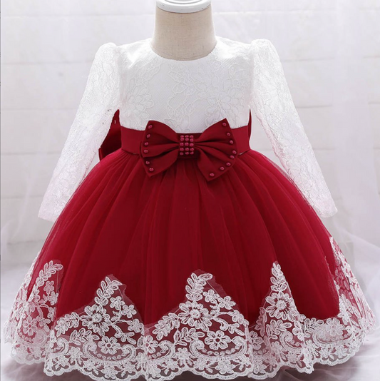 Elegant White & Red Princess Dress with Bow for Girls