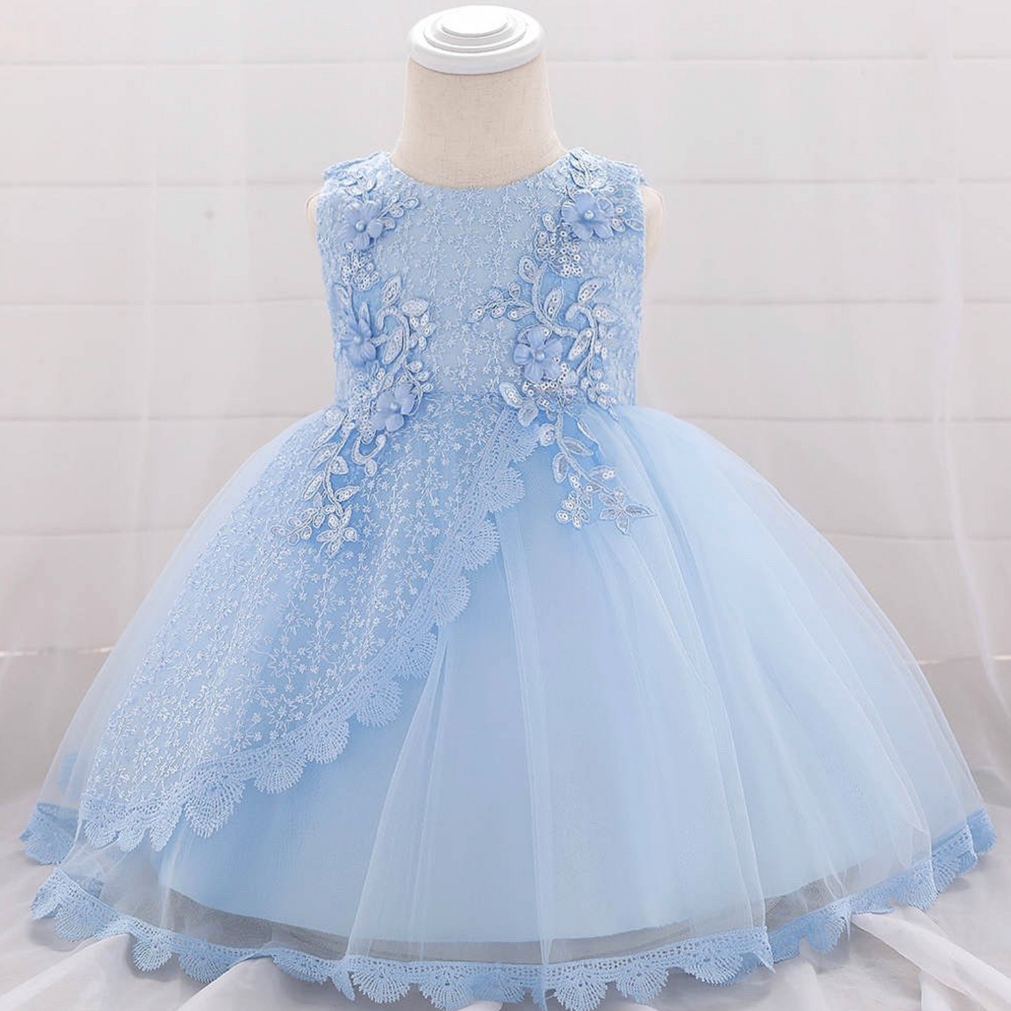 Elegant Sky Blue Princess Dress with Lace for Girls