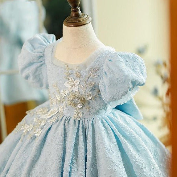 Charming Enchantment: Blue Flower Short Sleeve Princess Dress