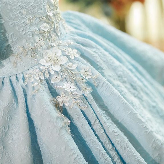 Charming Enchantment: Blue Flower Short Sleeve Princess Dress