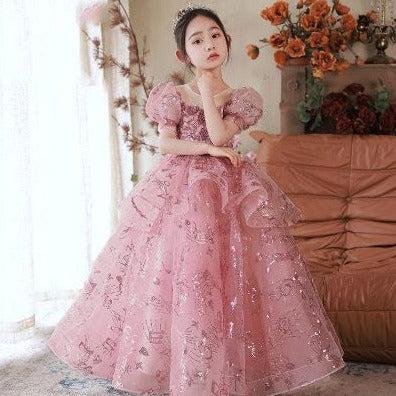 Elegant Sequin Lace Puffy Flower Girl Dresses Short Sleeve Princess Dress Tulle Beading Cute Kids Dress Baptism Pageant