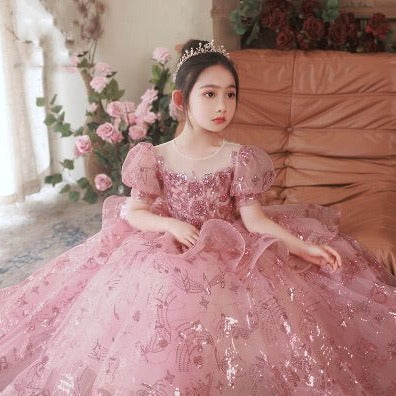 Elegant Sequin Lace Puffy Flower Girl Dresses Short Sleeve Princess Dress Tulle Beading Cute Kids Dress Baptism Pageant