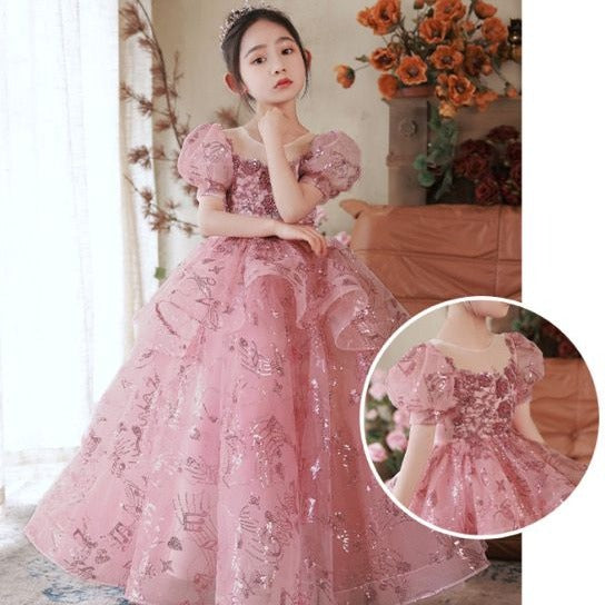 Elegant Sequin Lace Puffy Flower Girl Dresses Short Sleeve Princess Dress Tulle Beading Cute Kids Dress Baptism Pageant