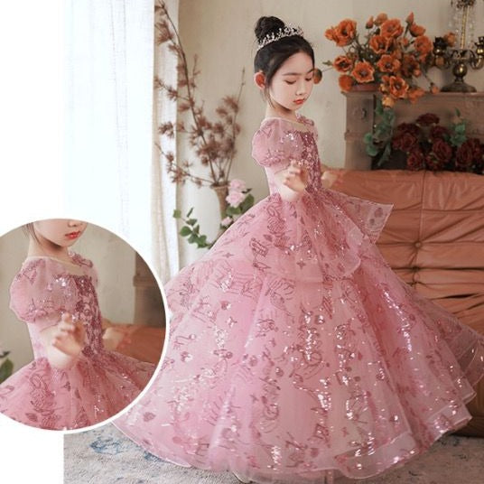 Elegant Sequin Lace Puffy Flower Girl Dresses Short Sleeve Princess Dress Tulle Beading Cute Kids Dress Baptism Pageant