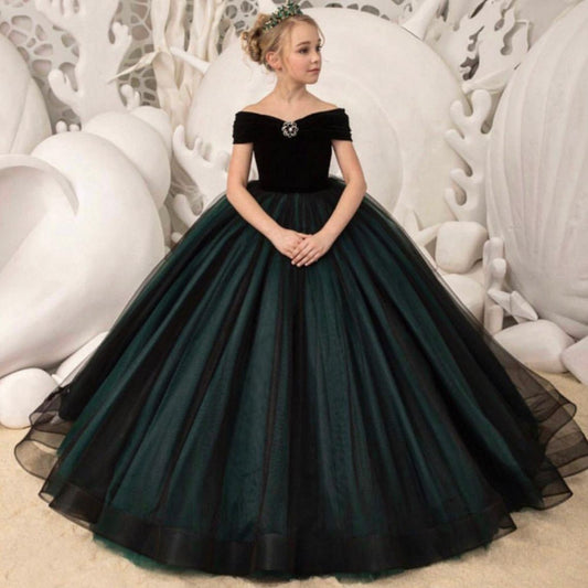 Black Velvet Top and Dark Green Gown Dress