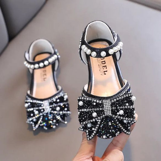 Princess Pearls Bow Baby Shoes Black