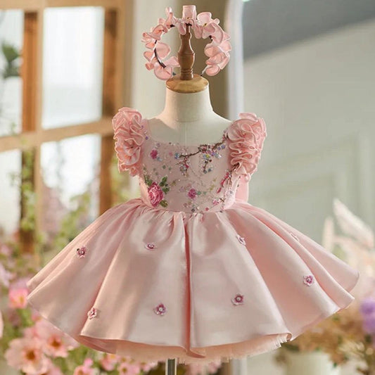 DreamyVow Pink Girl Dress with 3D Flowers and Matching Hairband