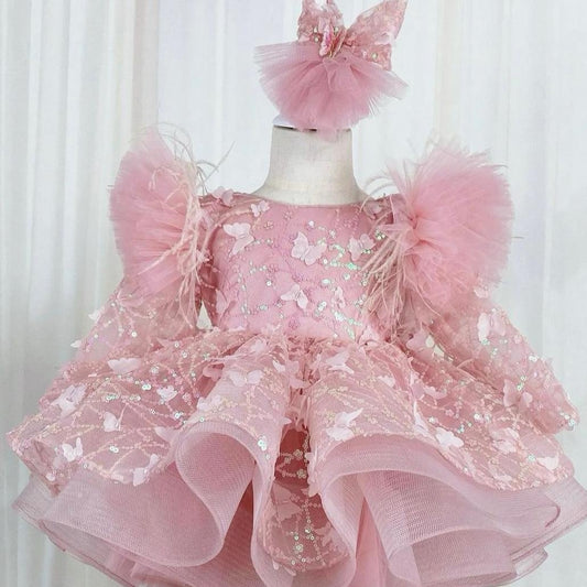 Fashionable and Elegant Feather Bow Fluffy Stage Performance Girl Dress