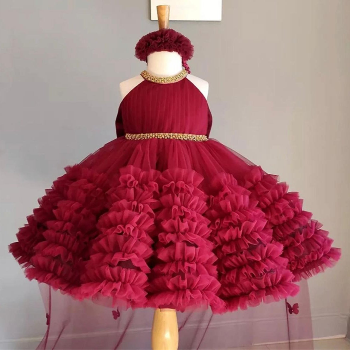 Fluffy Wine Red Flower Girl Performance Dress