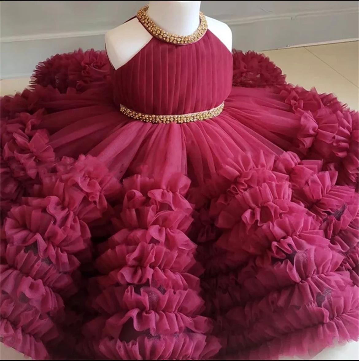 Fluffy Wine Red Flower Girl Performance Dress