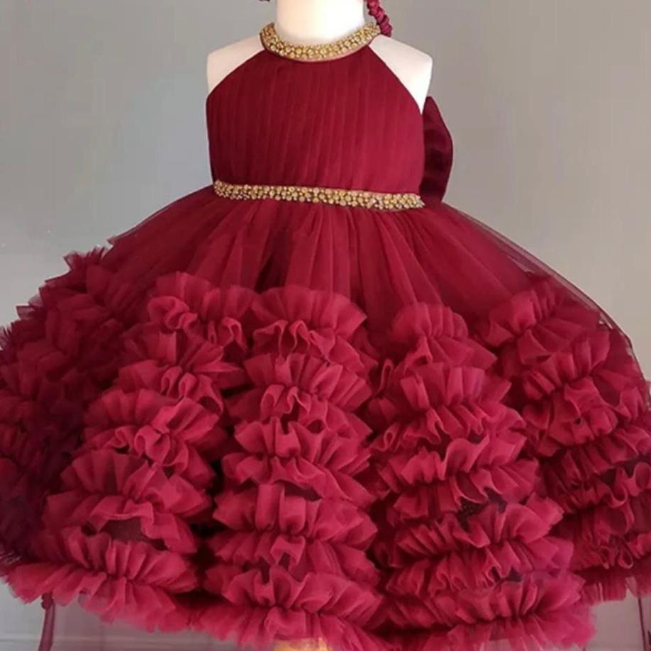 Fluffy Wine Red Flower Girl Performance Dress